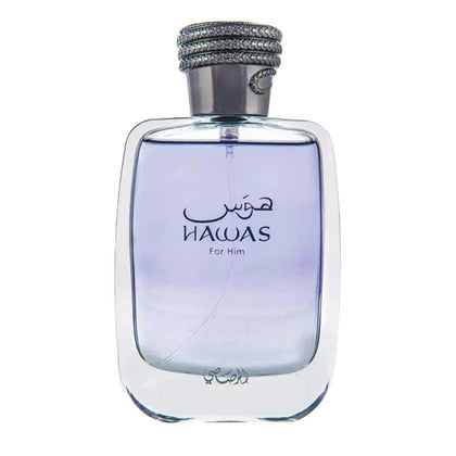 Rasasi Hawas Eau De Parfum for Him – A fresh and long-lasting aquatic fragrance with apple, musk, and ambergris.