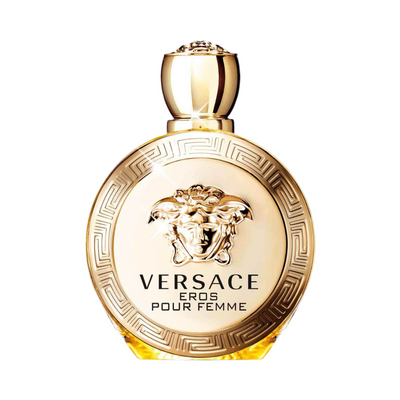 A gold-colored, ornate bottle of Versace Eros Pour Femme Eau De Parfum with a clear glass container and a decorative label.