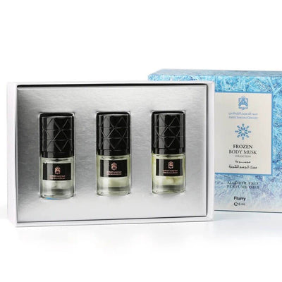 Frozen Body Musk by ASQ – Alcohol-free perfume oil set featuring Freezy, Flurry, and Frosty scents.