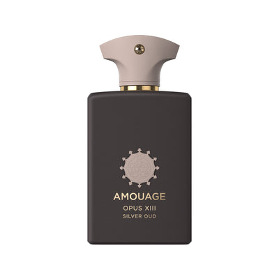 Amouage Opus XIII Silver Oud Eau De Parfum bottle with a dark cap and a label featuring the brand name and product title.