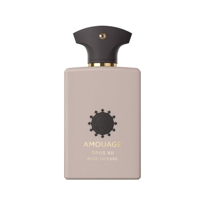A bottle of Amouage Opus XII Rose Incense Eau De Parfum with a beige label and black cap.