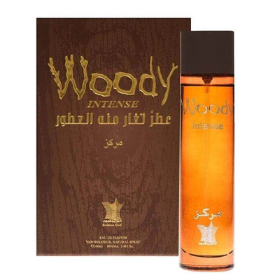 Arabian Oud Woody Intense Eau De Parfum 100ml – A luxurious unisex fragrance featuring sandalwood, musk, and amber.