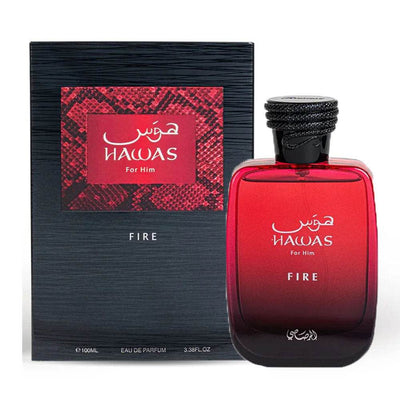Rasasi Hawas Fire perfume bottle – A premium unisex Eau De Parfum with an intense and long-lasting scent.