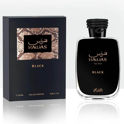 Rasasi Hawas Black Eau De Parfum 100ml – A bold and intense woody fragrance for men with bergamot, cedarwood, and amber.