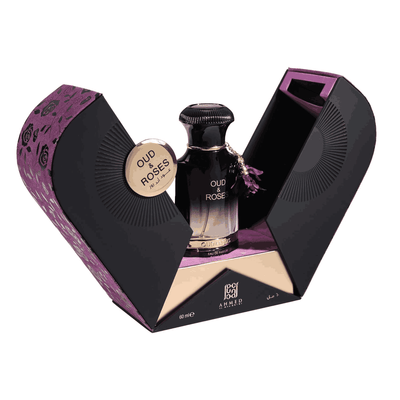 Authentic Ahmed Al Maghribi Oud & Roses perfume box and bottle displayed on a white background