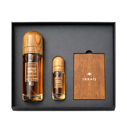 Shop Ibraheem Al Qurashi Vintage Tobacco Gift Set (100ml+10ml). Luxury Extrait de Parfum with Cognac, Oud & Raspberry. 100% Original. Free Shipping India.