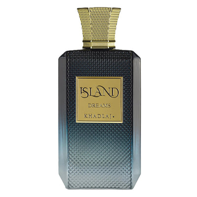 Perfume bottle labeled 'Island Dreams Khadlaj' on a white background