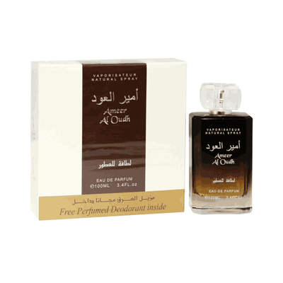 Ameer Al Oudh perfume bottle and packaging on a white background