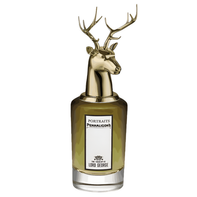 A bottle of Penhaligon's The Tragedy of Lord George Eau De Parfum for men, with a decorative deer head on top.