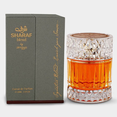 SHARAF blend by zimyra perfume bottle and packaging on a white background