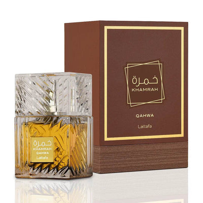 Authentic Lattafa Khamrah Qahwa Eau de Parfum 100ml bottle with box