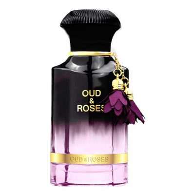 Ahmed Al Maghribi Oud & Roses 60ml Eau de Parfum bottle, purple to black gradient design, for unisex use in India