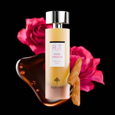Ibraheem Al Qurashi Happiness Dose Rose Tobacco 75ml – Oriental spicy scent with amber, caramel, and musk for a long-lasting, captivating aroma.