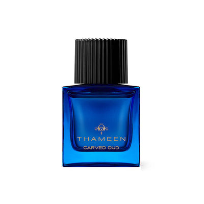Luxury Thameen Carved Oud with oud, patchouli, vanilla, and amber notes.