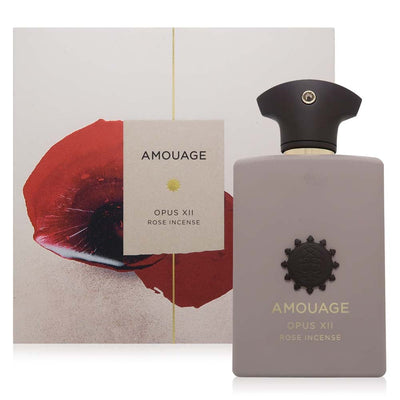 A bottle of Amouage Opus XII Rose Incense Eau De Parfum with a beige label and black cap.