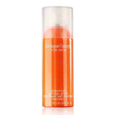 Clinique Happy Deodorant for Men in a 200ml orange spray bottle.