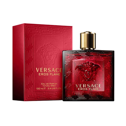 Versace Eros Flame Eau De Parfum for Men, showing the perfume bottle and the red packaging box with the brand's logo.