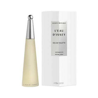Issey Miyake L'Eau D'Issey Eau De Toilette bottle and packaging, predominantly white with a clear bottle displaying a light yellow liquid.