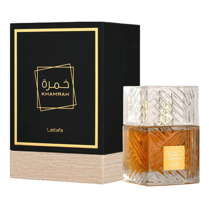 Lattafa Khamrah Eau de Parfum 100ml bottle with box – A warm and spicy unisex fragrance with cinnamon, nutmeg, and vanilla.