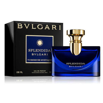Bvlgari Splendida Tubereuse Mystique Eau De Parfum bottle and packaging, featuring a blue bottle with gold accents and a black box with gold text.